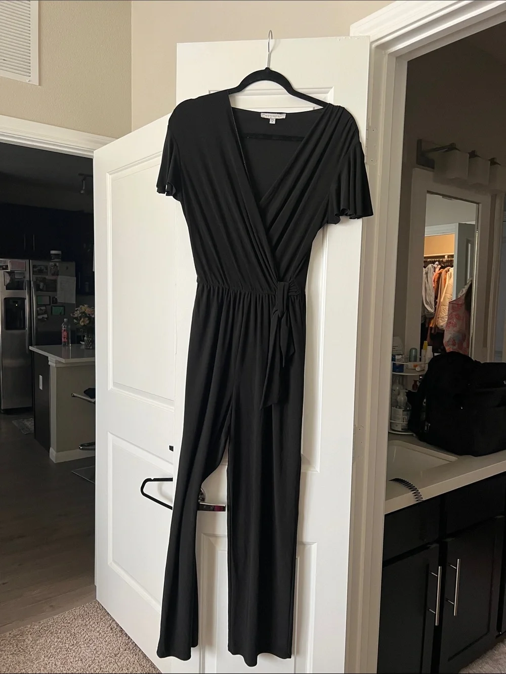 Women's Black Wrap-Front Short Sleeve Jumpsuit with Tie Waist